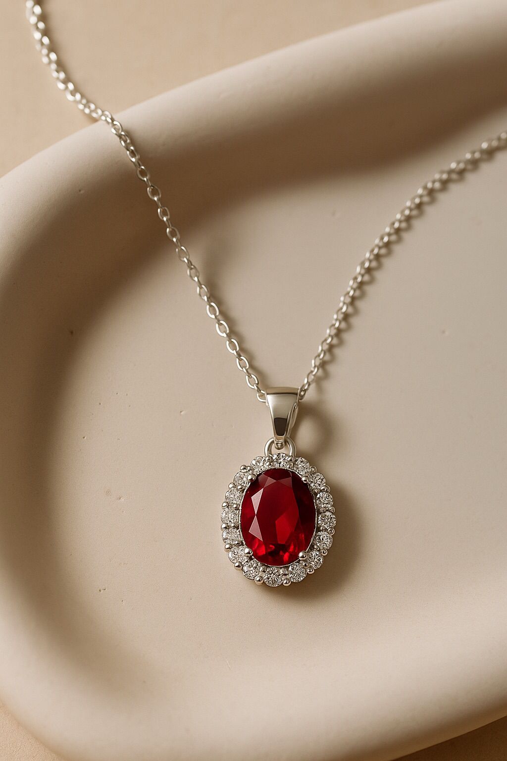 DIAERA | Radiant Ruby Halo Pendant Necklace – Gold/Silver Chain with Sparkling Zirconia