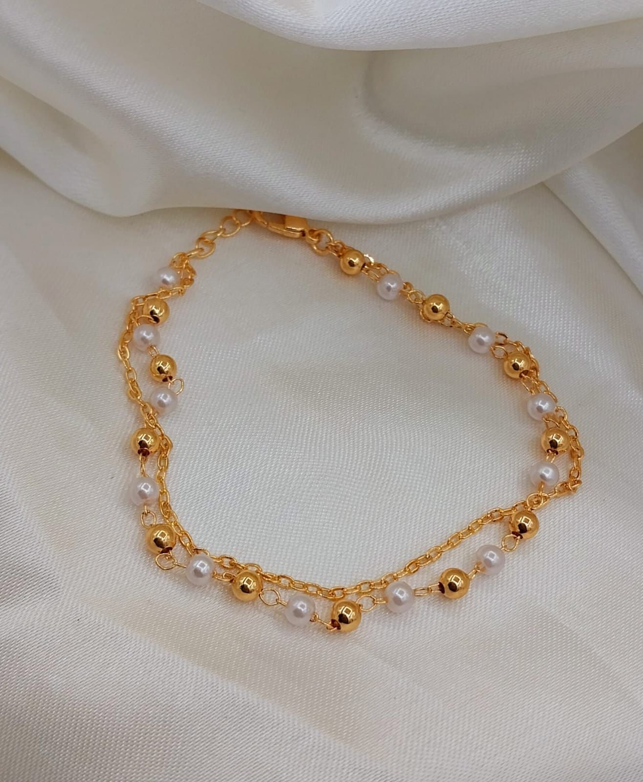Royal White & Gold Pearl Anklet Necklace with Gold Chain