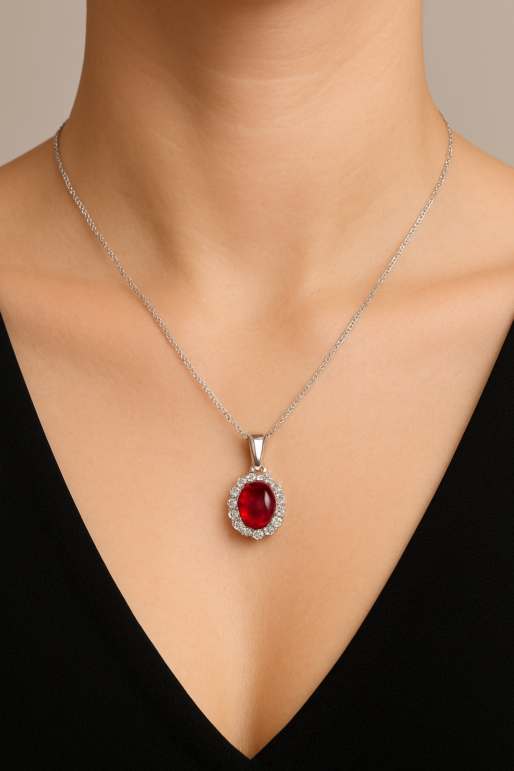 DIAERA | Radiant Ruby Halo Pendant Necklace – Gold/Silver Chain with Sparkling Zirconia