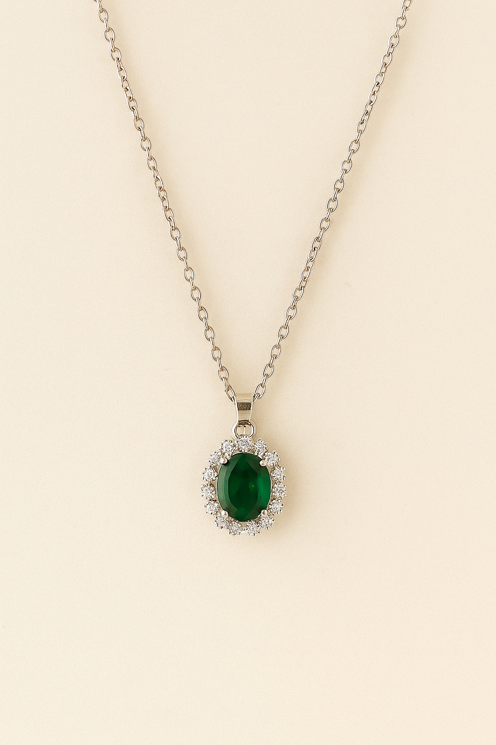 Elegant Emerald Halo Pendant Necklace – Silver Chain with Sparkling Zirconia
