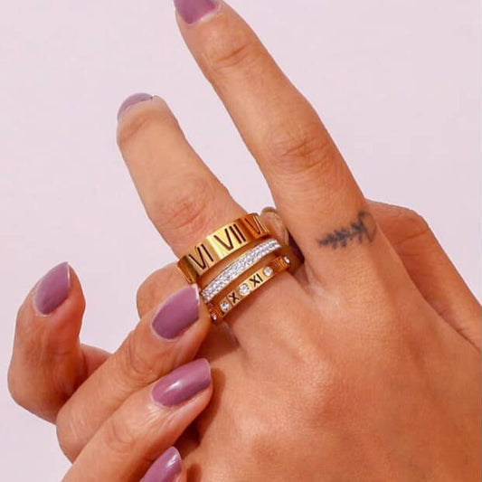 Luxury Roman Numeral Gold Ring with Crystals