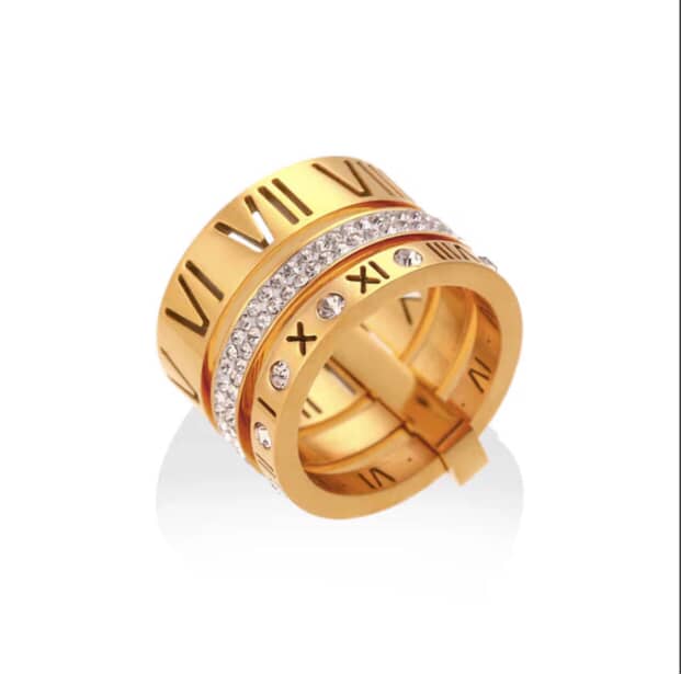 Luxury Roman Numeral Gold Ring with Crystals