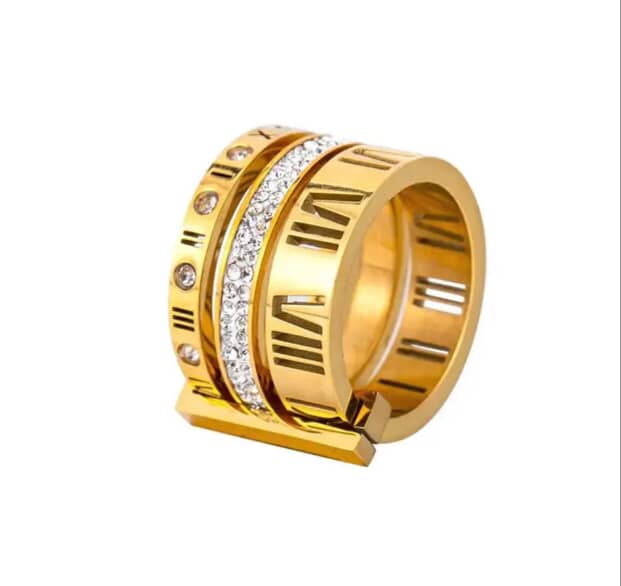 Luxury Roman Numeral Gold Ring with Crystals