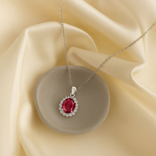 DIAERA | Radiant Ruby Halo Pendant Necklace – Gold/Silver Chain with Sparkling Zirconia