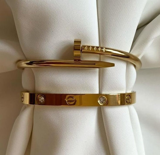 Golden Nail & Screw Design Bracelet Pair – Unisex Artificial Bangles with Stones