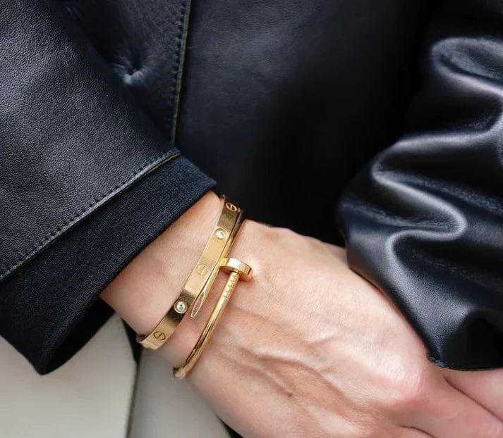 Golden Nail & Screw Design Bracelet Pair – Unisex Artificial Bangles with Stones