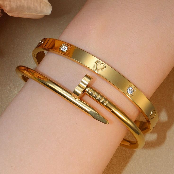 Golden Nail & Screw Design Bracelet Pair – Unisex Artificial Bangles with Stones