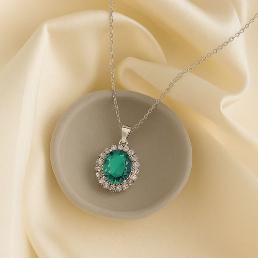 Elegant Emerald Halo Pendant Necklace – Silver Chain with Sparkling Zirconia