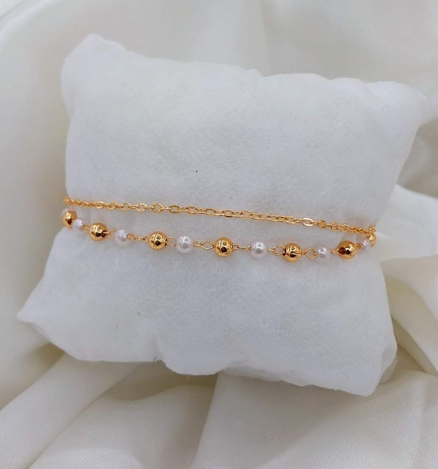 Royal White & Gold Pearl Anklet Necklace with Gold Chain