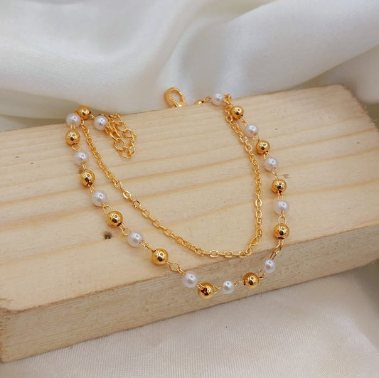 Royal White & Gold Pearl Anklet Necklace with Gold Chain